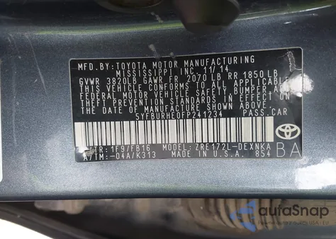 2015 Toyota Corolla Le из США, поврежденный, VIN 5YFBURHE0FP241234